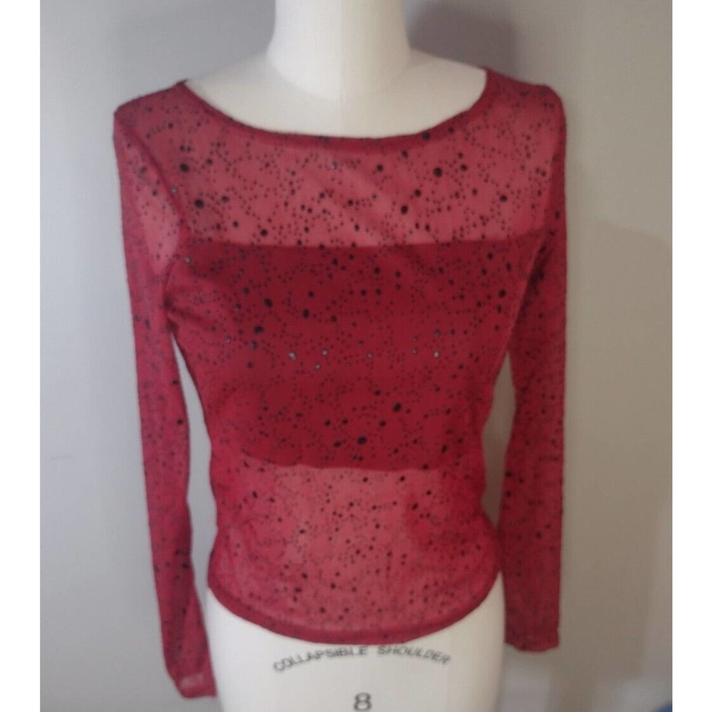 Y2K Rave City Crop Top Jrs Medium Textured Mesh Red Long Sleeve Stretch Tube Top